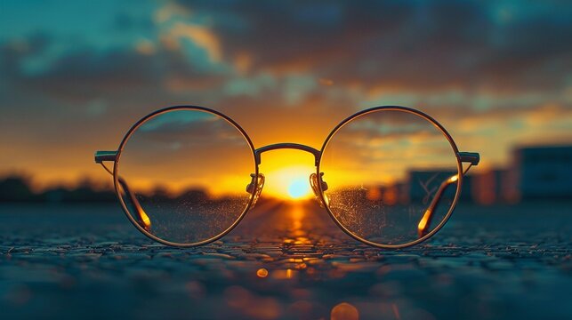 A Pair of Glasses Focusing on the Sunset Take a photo of a pair of eyeglasses placed on a surface such that they focus on the setting sun, turning the lenses into mini sunsets themselves
