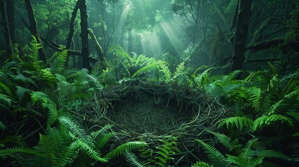 Dinosaur Nest Discovered in Ferns Document a large dinosaur nest, cleverly constructed with twigs and surrounded by lush ferns and undergrowth - obrazy, fototapety, plakaty
