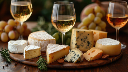 Elegant assortment of various cheeses paired with white wine, grapes, and rosemary on a rustic wooden table.
