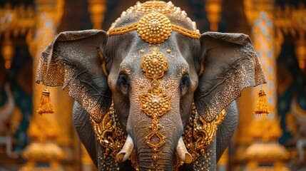 Close-up of elephant (Elephas maximus) head with gold tassel; Bangkok, Thailand Genrative AI - Powered by Adobe