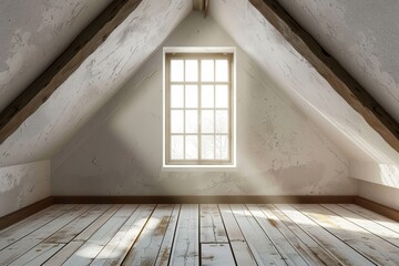 empty loft with farmhouse style windows, 3d render