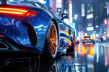 Taillight luxury blue modern sports car on street at night in the city with rain closeup