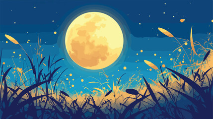 Night landscape with full moon and golden meadow gr