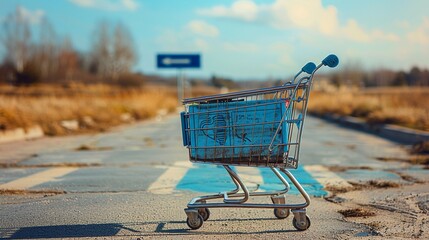 Shopping Cart with a Directional Sign Take a photo of a shopping cart at a crossroad with a directional sign pointing forward