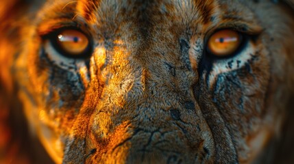 Close-up of half of male lion face (Panthera leo); Tanzania Genrative AI