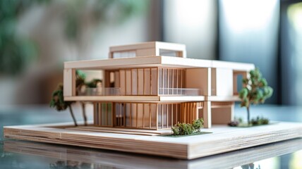 Detailed architectural model of modern house with balconies and surrounding greenery