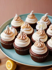 Tray full of delicious sweet chocolate cupcakes with vanilla frosting