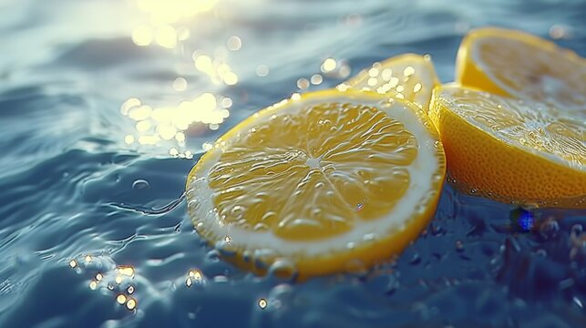 Background of beautiful lemon slices with ice on a blue background