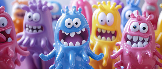Collection of Playful 3D Bacteria Virus Monster Characters in Vibrant Colors, Expressing Joy and Whimsy in an Animated Fantasy Scene