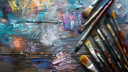 Assortment of paintbrushes on vibrant, multicolored painted canvas showcasing mix textures and strokes