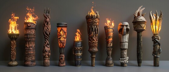 Collection of 3D torches, ranging from medieval hand-held to modern tiki styles, clean gray background, game asset artwork