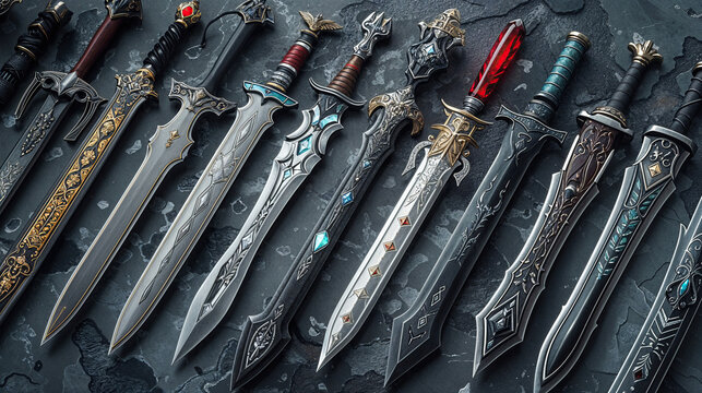 Collection of 3D weapons, combat blades, clean gray background, game asset artwork