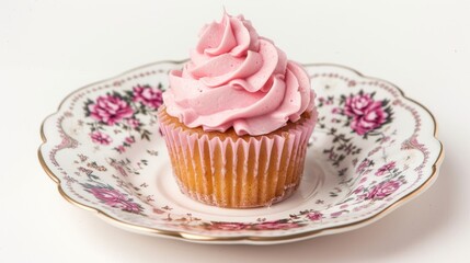 Closeup a sweet pink cupcake dessert on white plate isolated on white background. Generated AI image - obrazy, fototapety, plakaty