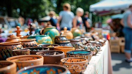 Outdoor market with handmade pottery on display, people browsing in background
