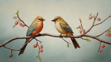 A painting of two birds on a branch 
