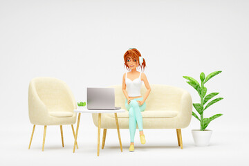 Cartoon smiling girl wearing in headphones sitting on sofa and using laptop. Distance work, study and communication concept. 3d render - 804413581