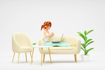 Cartoon smiling girl sitting on sofa and taking conversation near table with laptop. Distance work, study and communication concept. 3d render - 804413597