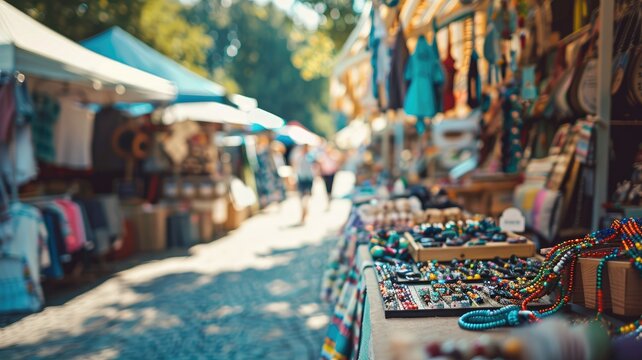 Colorful market stalls with beads and crafts on sunny day