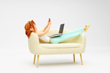 Cartoon smiling girl lying on sofa and using laptop and smartphone. Distance work, study and communication concept. 3d render - 804413703