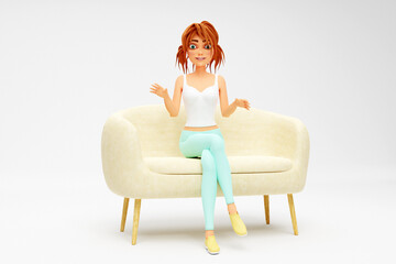 Cartoon smiling girl blogger or vlogger sitting on sofa and looking at camera and talking on video shooting. Distance work, study and communication concept. 3d render - 804413705