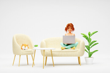 Cartoon smiling girl sitting on sofa and using laptop. Distance work, study and communication concept. 3d render - 804413751