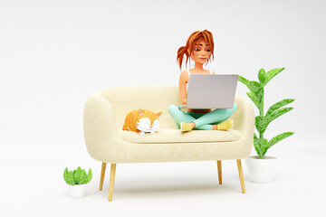 Cartoon smiling girl sitting with sleeping cat on sofa and using laptop. Distance work, study and communication concept. 3d render - 804413768