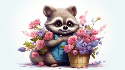 Cute Florist Raccoon Holding Pot Of Flowers Isolated on White Background - Generative AI