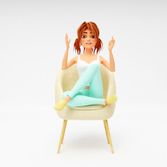 Cartoon smiling girl blogger or vlogger sitting on armchair and looking at camera and talking on video shooting. Distance work, study and communication concept. 3d render - 804413792
