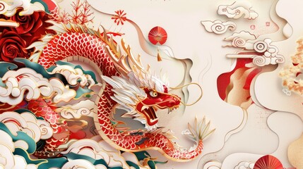 Chinese New Year 2025 modern art design set in red, gold and white for cover, card, poster, banner....