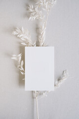Natural 2x3 Card Mockup on Linen Backdrop with White Ruscus Branch