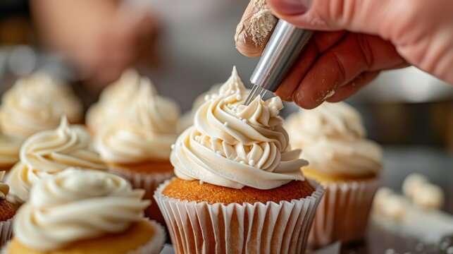 A closeup of a baker skillfully piping icing onto a cupcake as part of an alcoholfree baking and decorating class.