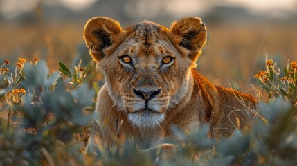 Close-up portrait of a Lioness (Panthera leo) lying in the grass, looking over bushes in the...