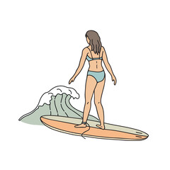 A girl in a swimsuit on a surfboard on a wave. linear hand drawn vector illustration.