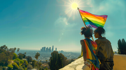 Love and Pride in the City of Angels: Two People Hold Up LGBTQ Flag Overlooking Los Angeles - obrazy, fototapety, plakaty