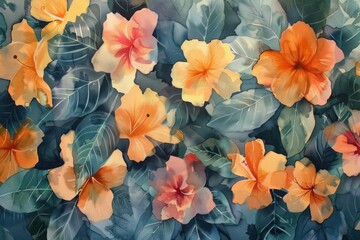 Watercolor painting of vibrant orange and yellow flowers on a beautifully blended blue and green background