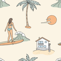 Seamless pattern with surfer girl, palm trees and beach house. Hand drawn illustration.