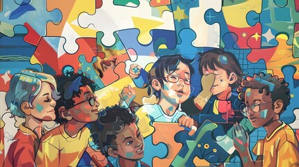 Comic Art for World Autism Awareness Day Characters Embracing Their Unique PuzzleSolving Abilities Generative ai