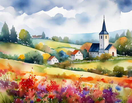 watercolor countryside with church illustration green hills red flowers background