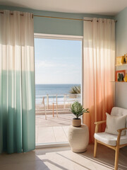 A view on large windows with sea view and pastel flowy curtains