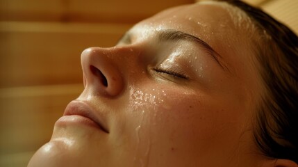 A closeup of a persons face fully relaxed while receiving an aromatherapy massage inside the sauna..