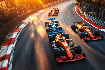 Racing cars are driving on track in race at sunset. Top view