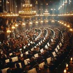 Classical concert, refined audience, orchestra in focus, soft focus lighting, overhead shot,