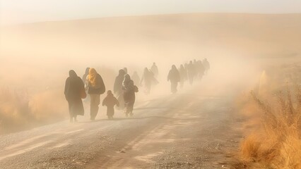 Refugees seeking safety and a better life walking along dusty road. Concept Refugee crisis, Migration journey, Seeking safety, Survival struggles, Hope for a better future