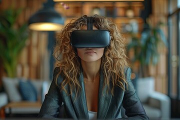 Fototapeta na wymiar Woman Wearing Virtual Headset in Living Room