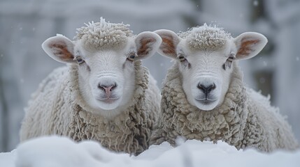 Close-up portrait of two sheep (Ovis aries) on a snowy meadow in winter looking at the camera; Little Fatra (Kleine Fatra), Carpathian Mountains, Terchova, Slovakia - Powered by Adobe