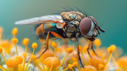 Close up of a Parhelophilus fly, Parhelophilus species, feeding on buttonbush pollen, Cephalanthus occidentalis.; Great Meadows National Wildlife Refuge, Sudbury, Massachusetts Genrative AI