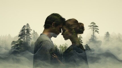 Man and woman standing in foggy forest