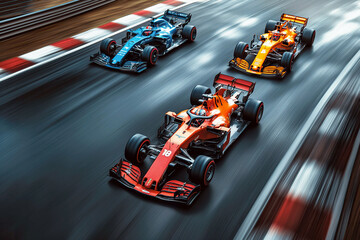 Racing cars are driving on the track in race. Top aerial view