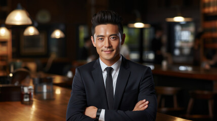 Fototapeta premium Confident Asian Male Lawyer With Arms Crossed in Elegant Office Setting, Professional Business Attire
