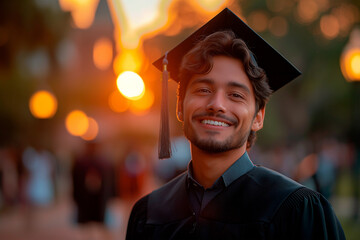 Young hispanic man in black gown and graduation cap in front of university at sunset light 